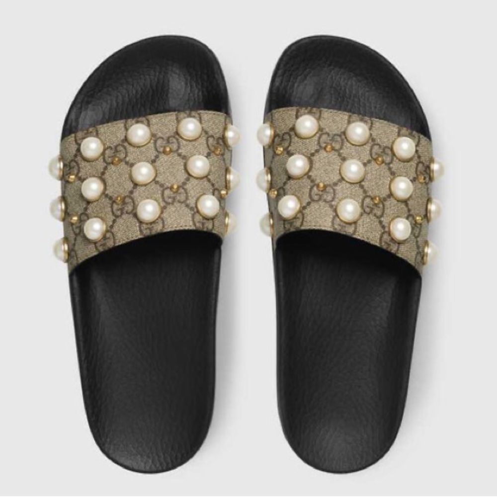 Gucci Women's Pursuit Pearl Stud Pool Slide Sandals